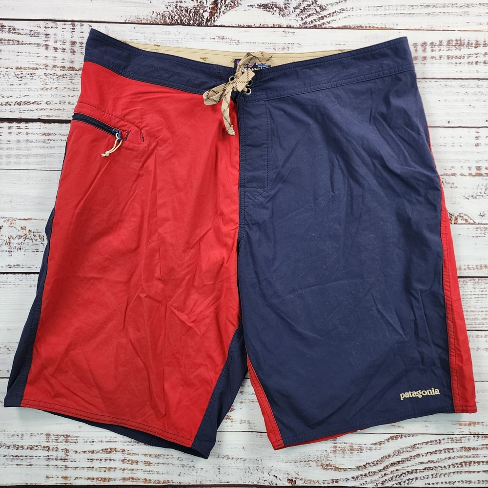 Patagonia Wavefarer Board Shorts 86542 Mens 36 Colorblock Red Navy Swim Trunks